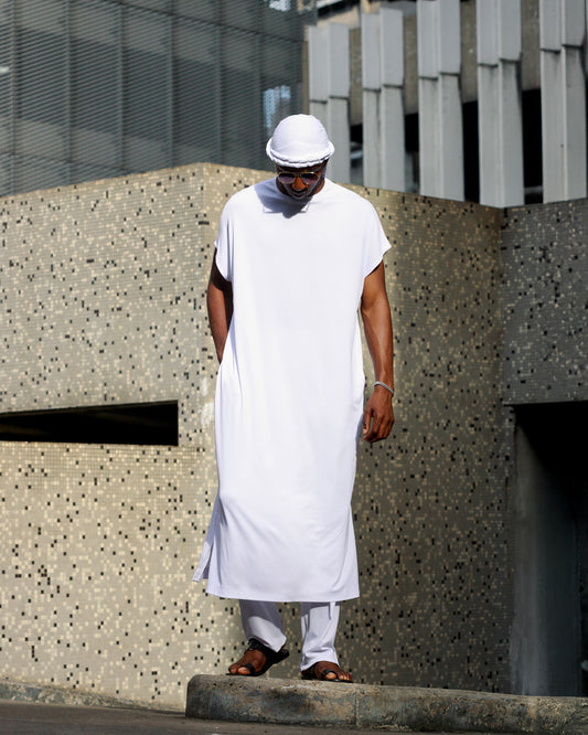 Curban white mini pleat capsleeve long drape Menswear set with FREE scarf turban