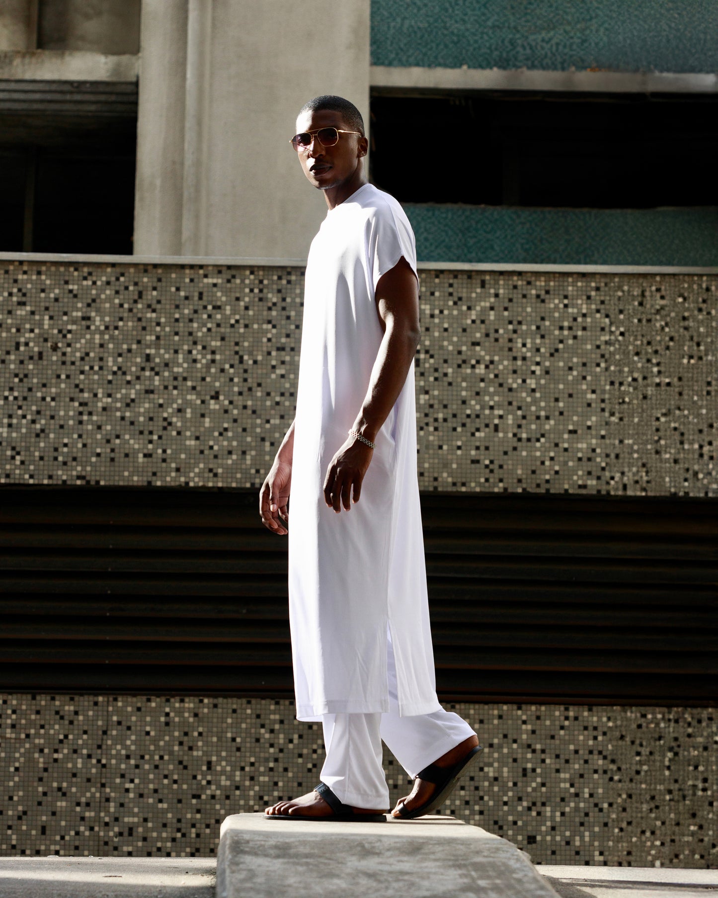 Curban white mini pleat capsleeve long drape Menswear set with FREE scarf turban