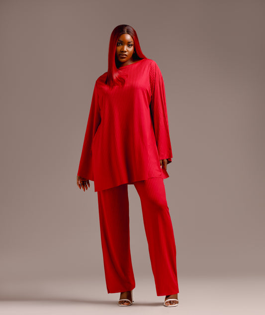 CURBAN Boat-Neck Facade-Pleat Co-Ord | wine