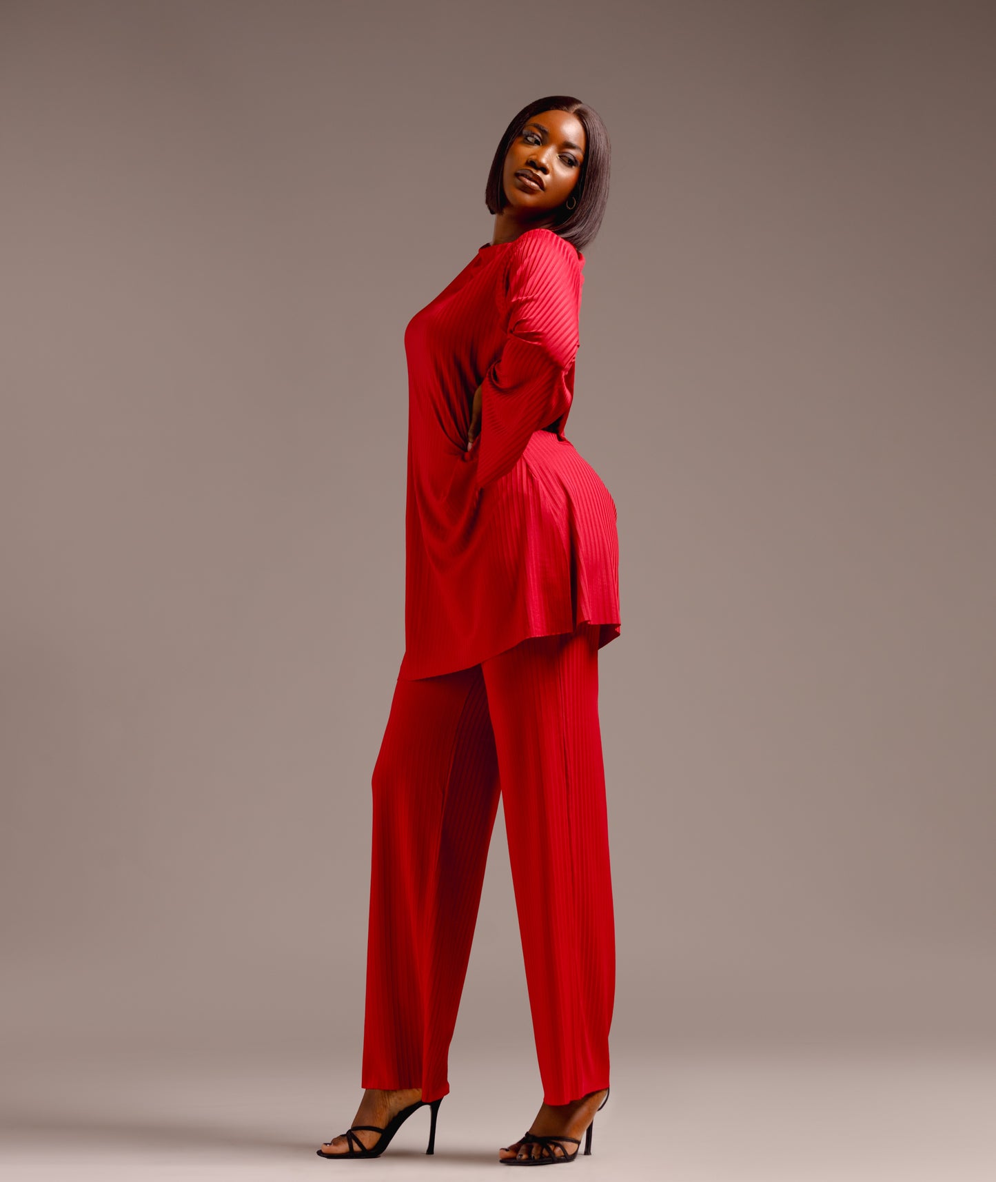 CURBAN Boat-Neck Facade-Pleat Co-Ord | wine