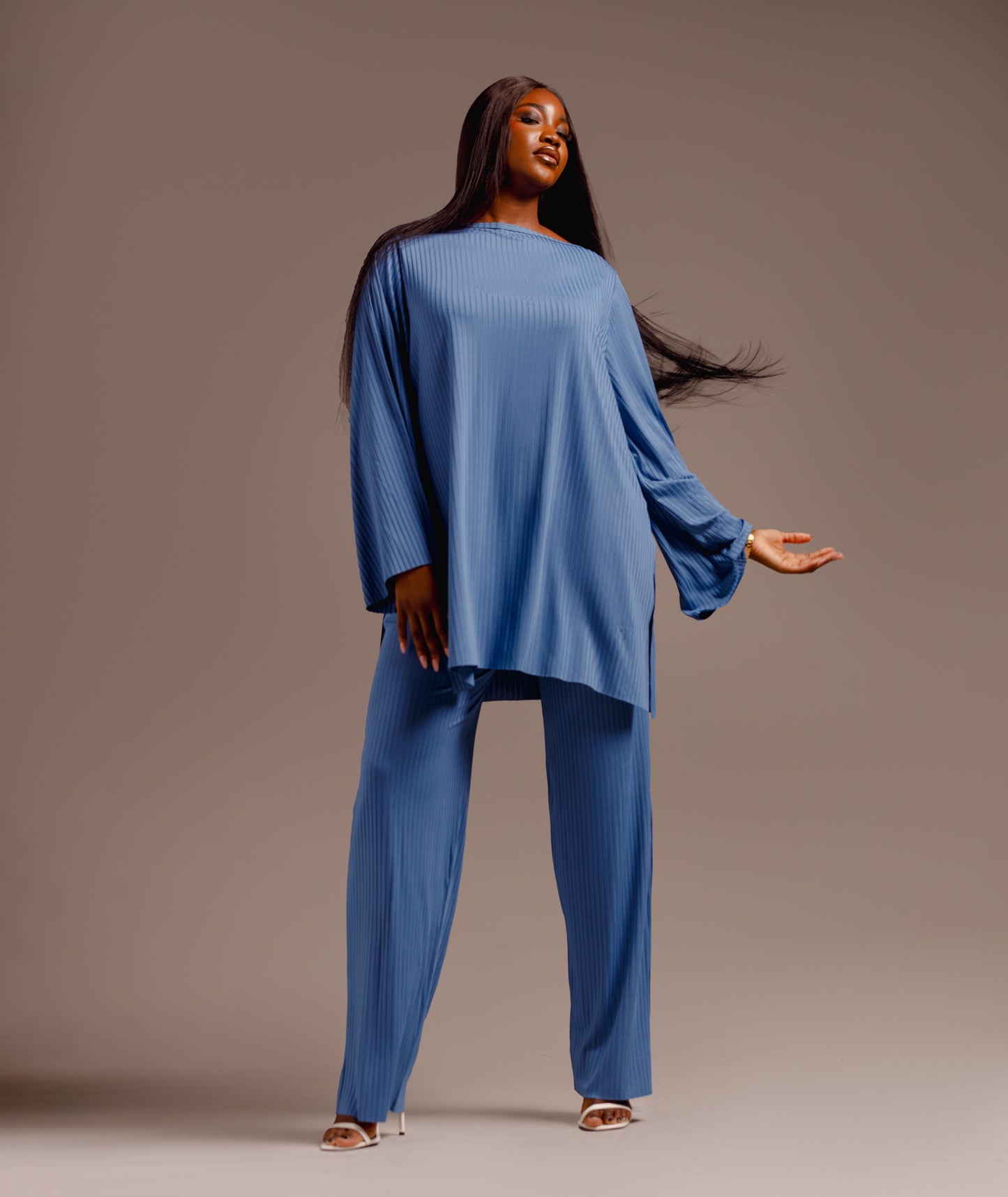 CURBAN Boat-Neck Facade-Pleat Co-Ord | Blue