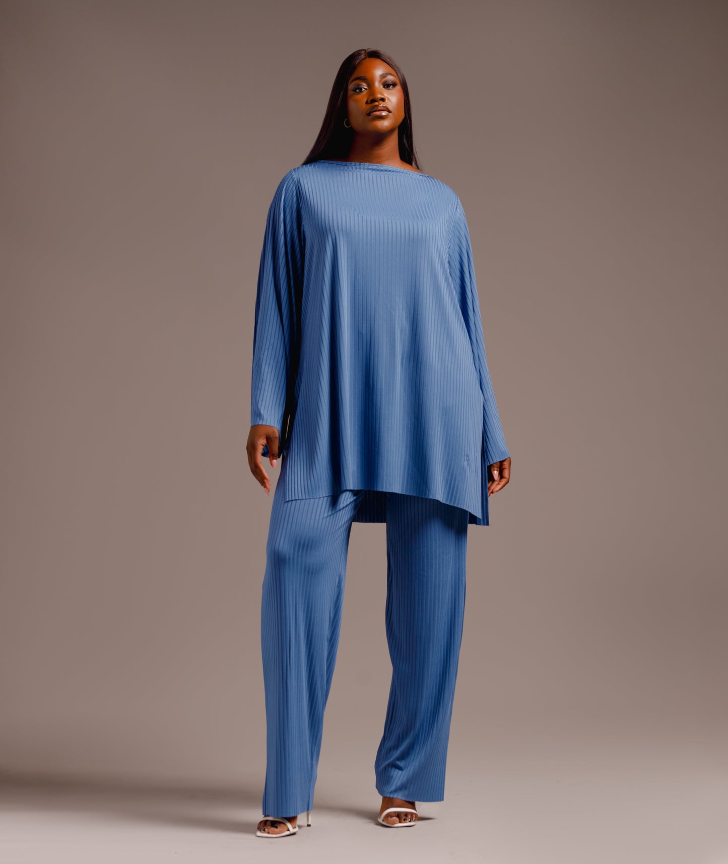 CURBAN Boat-Neck Facade-Pleat Co-Ord | Blue