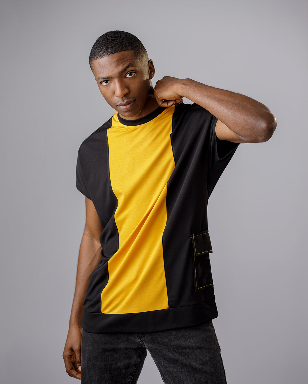 CURBAN Patchwork Capsleeve Oversized Male T-Shirt | Yellow